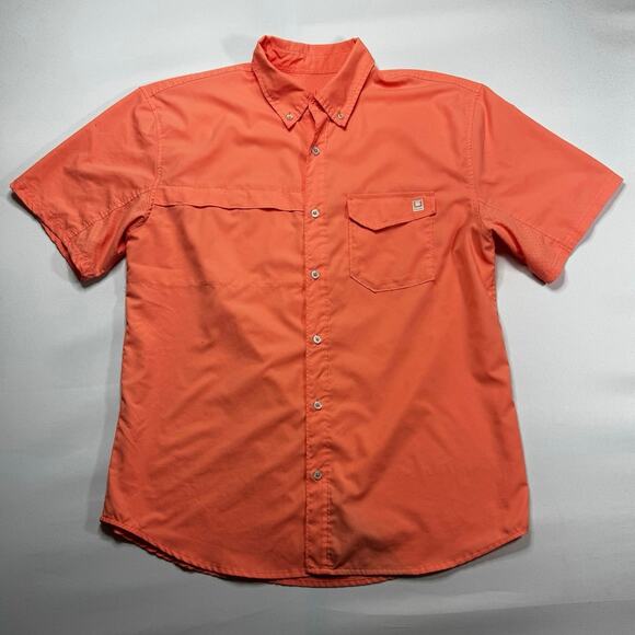Huk Men's Short Sleeve Lightweight Orange Button Up Shirt - Size L - Picture 1 of 4
